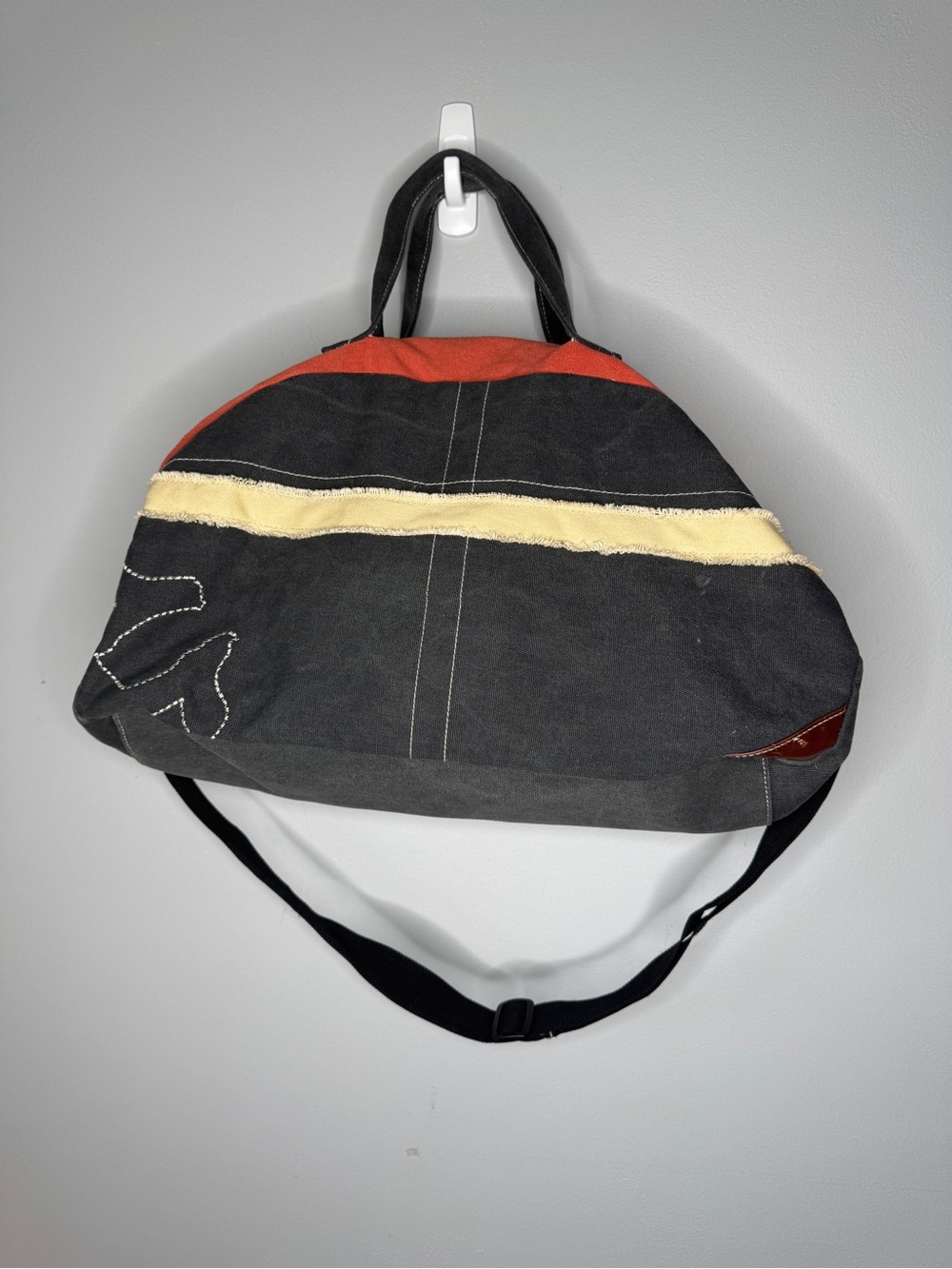 True Religion Black Duffel Bag with Red & Cream Stripes